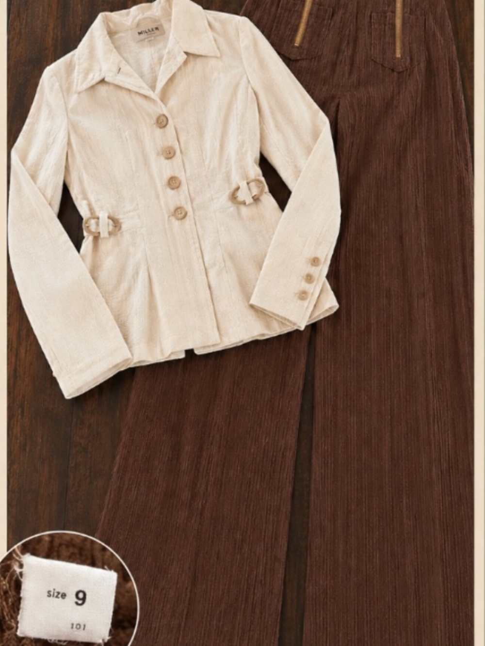 Vintage 60s 70s White Blazer Brown Wide Leg Pants 2 Piece Set